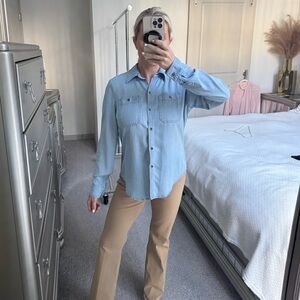 Chaps Light Blue Denim Long sleeve Button down Polo Shirt size Petite Medium PM